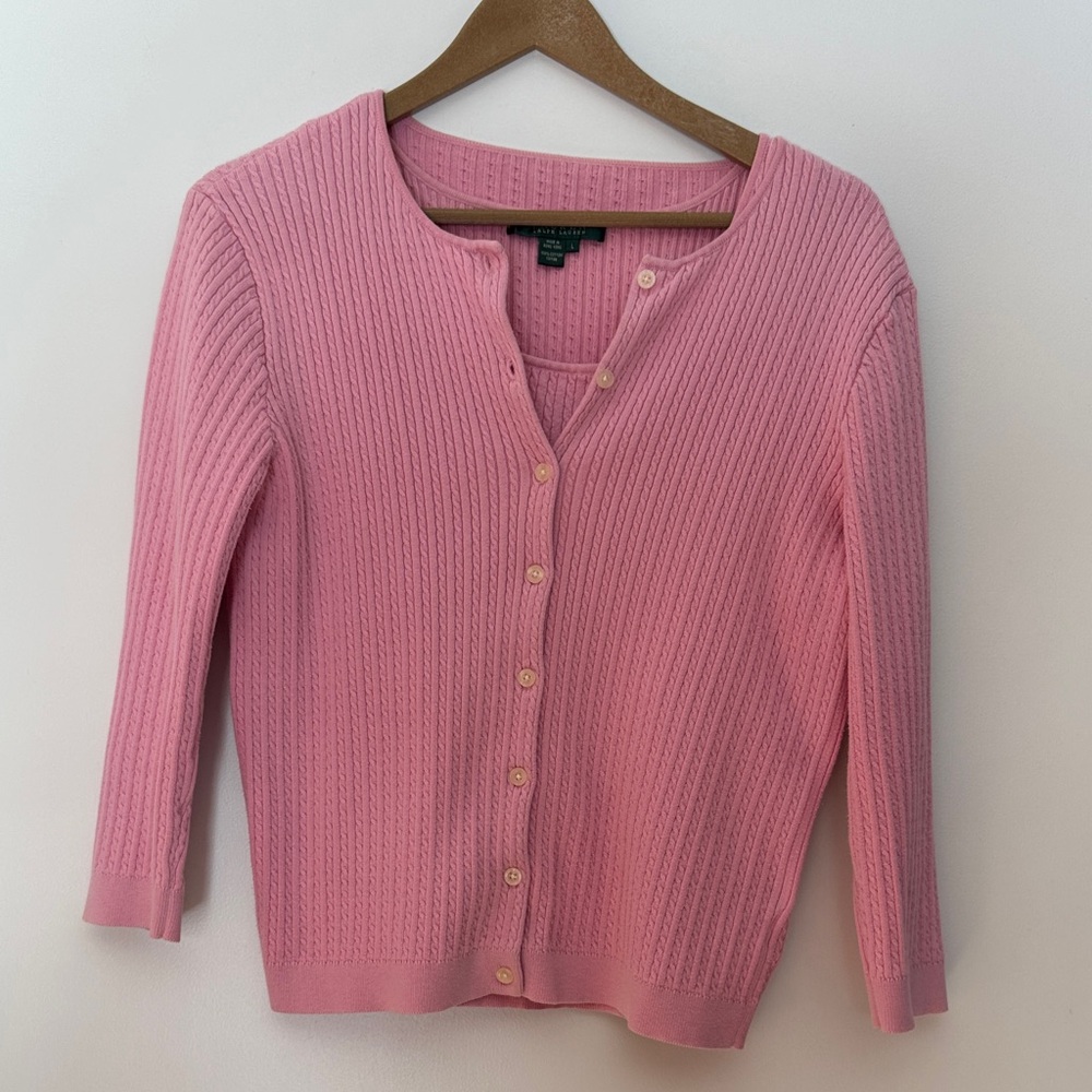 Ralph Lauren 100% Cotton Pink 2-Piece Cable Knit Sweater Set | Women's Large